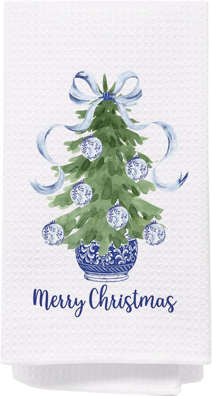 SPBL&L Navy Blue Chinoiserie Christmas Kitchen Towels, Chinoiserie Decor, Navy Blue Bow Christmas Hand Towels for Bathroom, Christmas Dish Towels, Christmas Kitchen Bathroom Decor, 16x24 Inch - Image 1